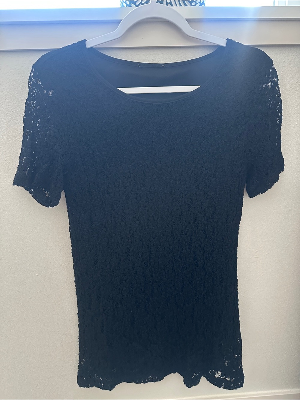 Black Lace Short-Sleeve Women's Top - Classic Crewneck